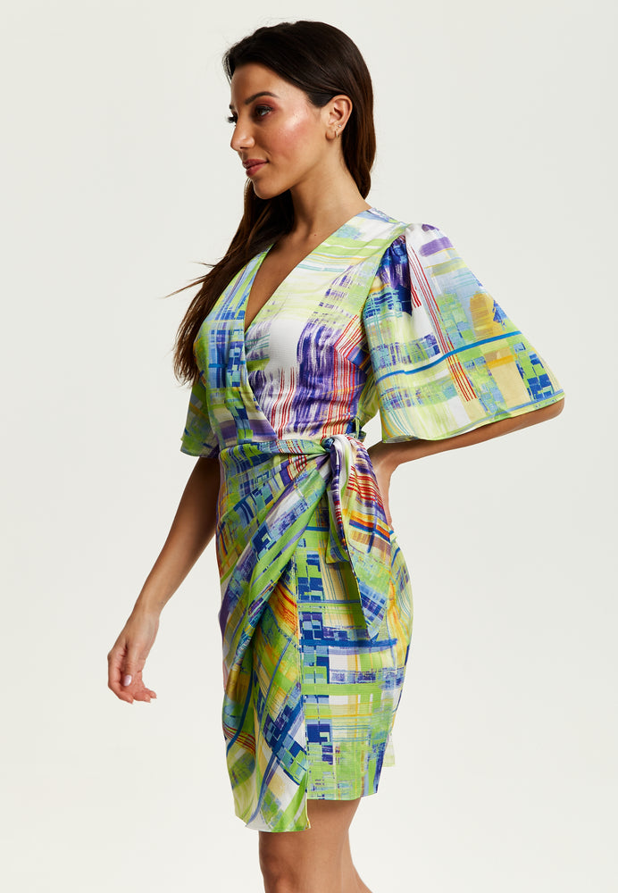 Liquorish Abstract Print Midi Dress In Green With Short Sleeves