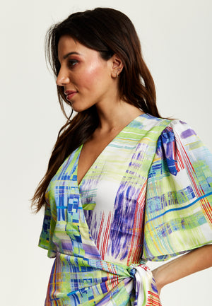 Liquorish Abstract Print Midi Dress In Green With Short Sleeves