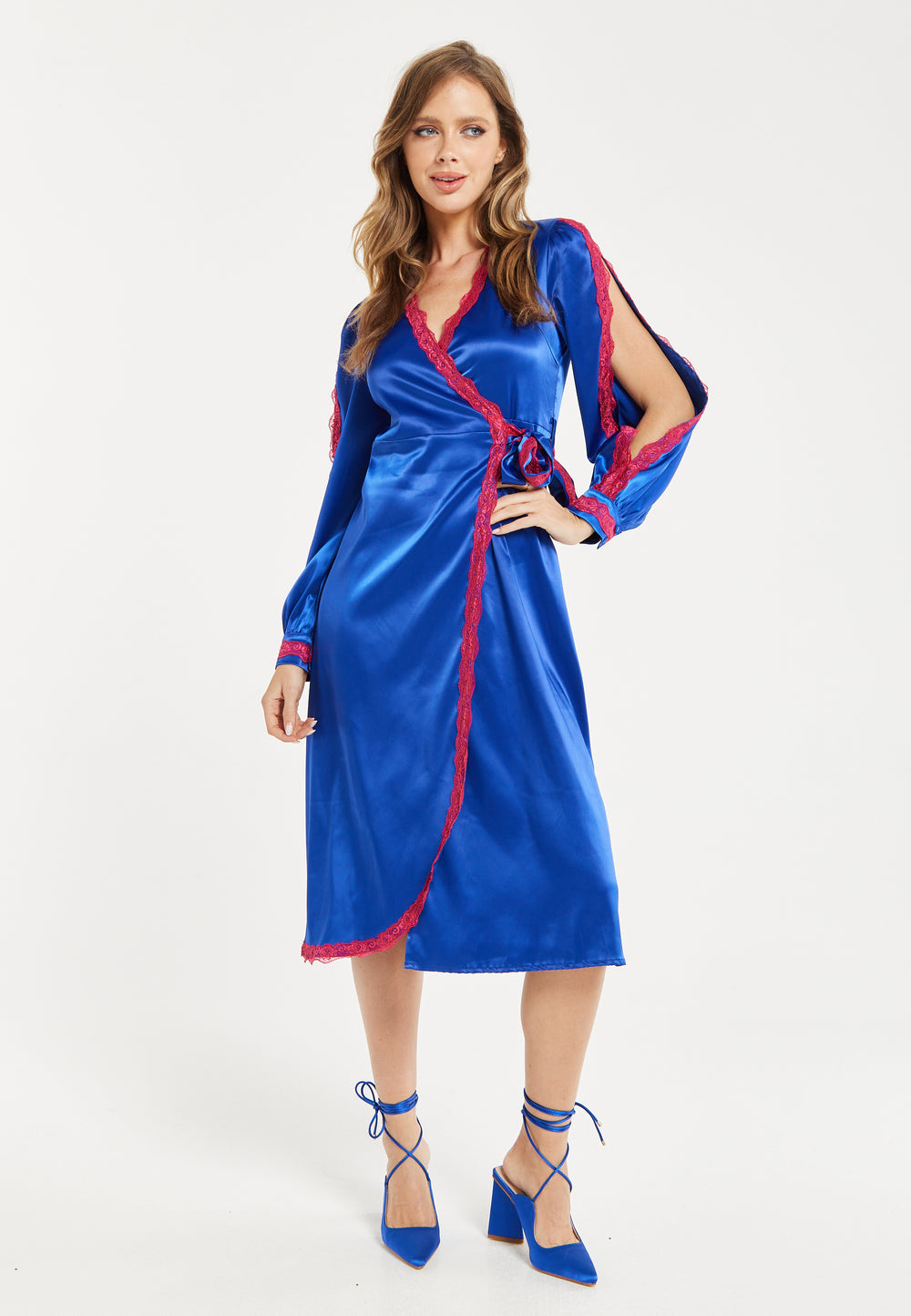 Women's Midi Dress with Long Sleeves in Royal Blue Satin - Elegant Wrap Style by Liquorish