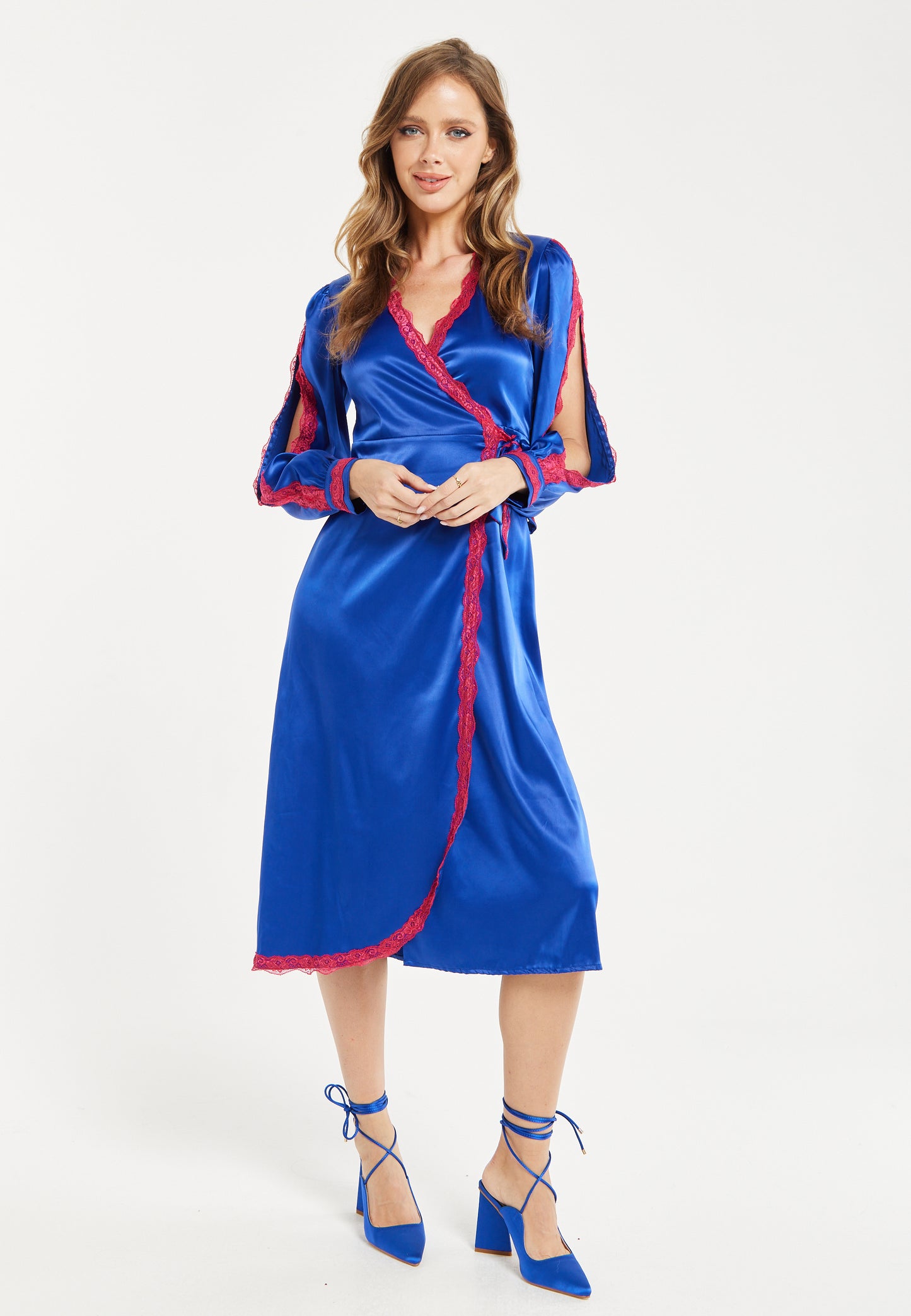 
                  
                    Women's Midi Dress with Long Sleeves in Royal Blue Satin - Elegant Wrap Style by Liquorish
                  
                