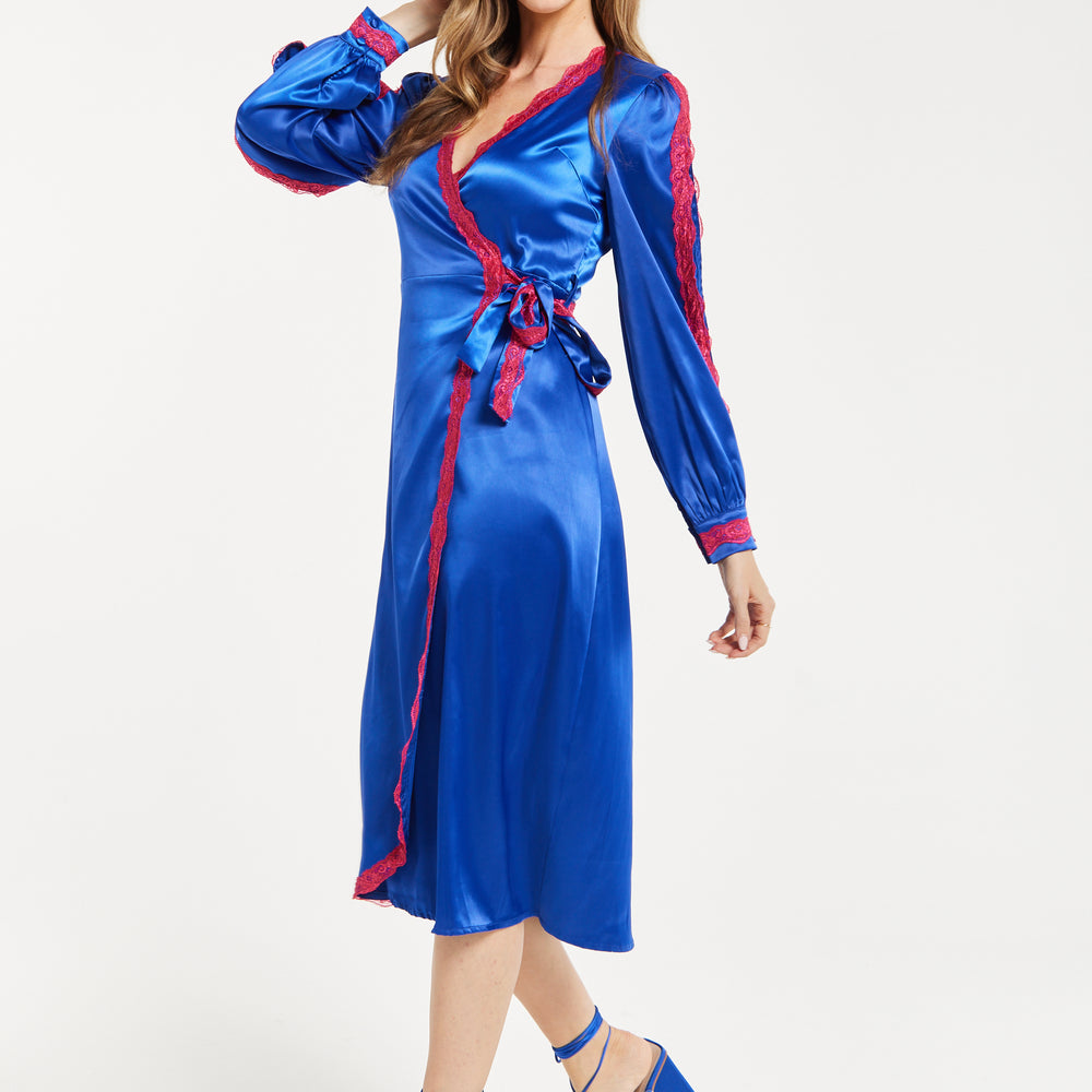 
                  
                    Women's Midi Dress with Long Sleeves in Royal Blue Satin - Elegant Wrap Style by Liquorish
                  
                