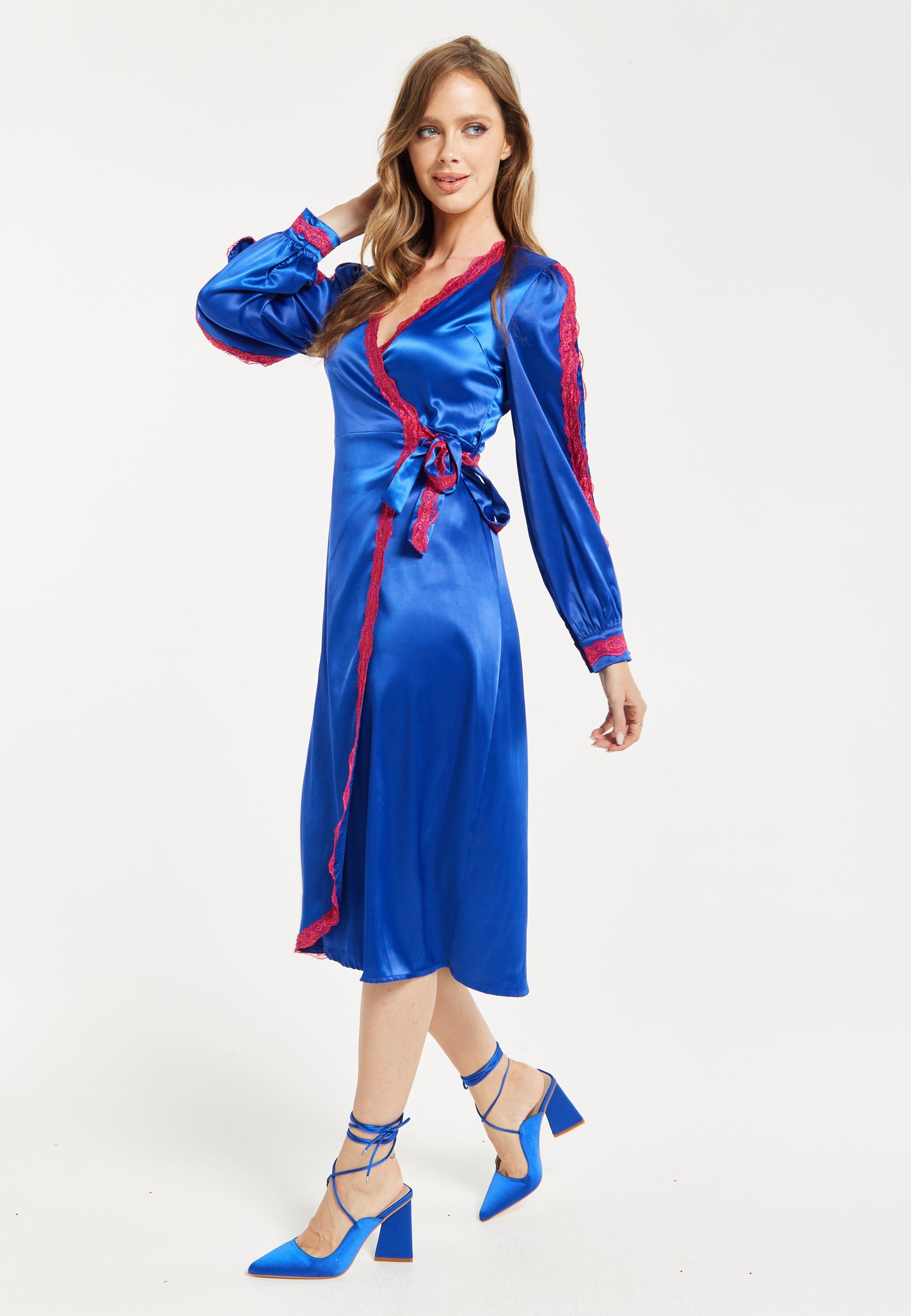 
                  
                    Women's Midi Dress with Long Sleeves in Royal Blue Satin - Elegant Wrap Style by Liquorish
                  
                