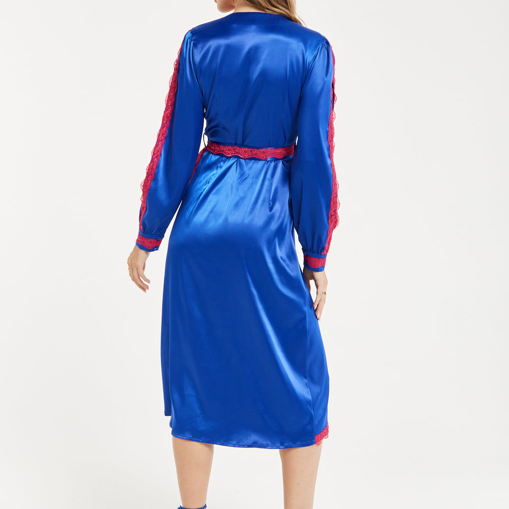 
                  
                    Women's Midi Dress with Long Sleeves in Royal Blue Satin - Elegant Wrap Style by Liquorish
                  
                