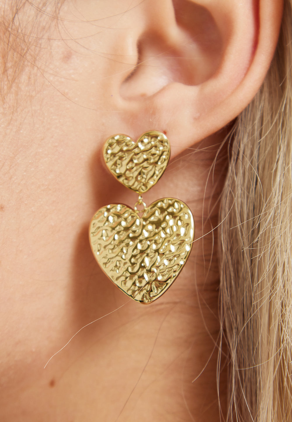Gold Textured Double Heart Earrings