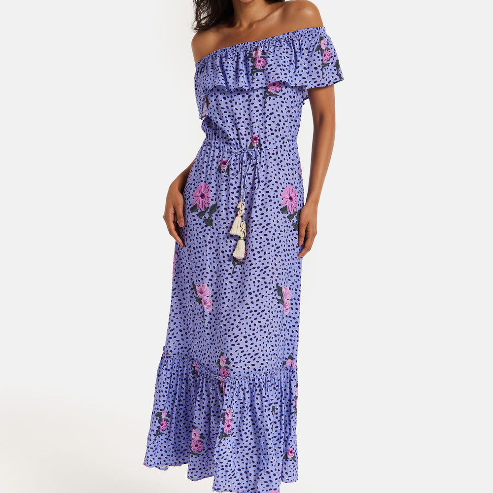 
                  
                    Women's Maxi Dress in Purple with Off Shoulder Sleeves and Tie Waist Detail - Liquorish
                  
                