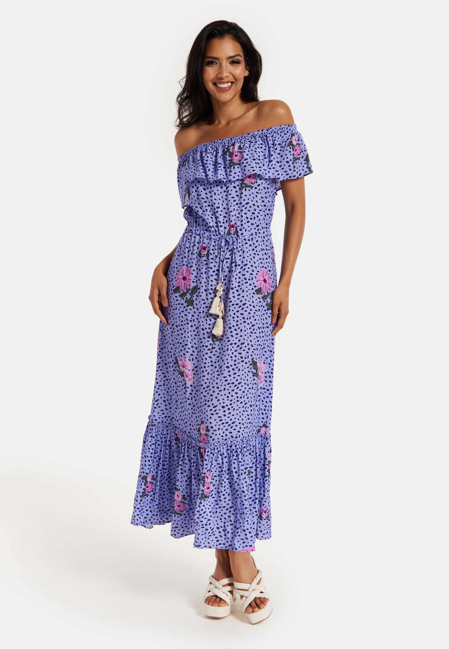 
                  
                    Women's Maxi Dress in Purple with Off Shoulder Sleeves and Tie Waist Detail - Liquorish
                  
                