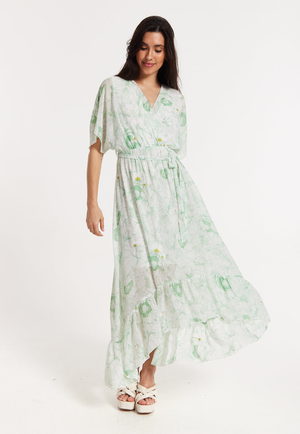 Floral Embroidered Wrap Front Maxi Dress