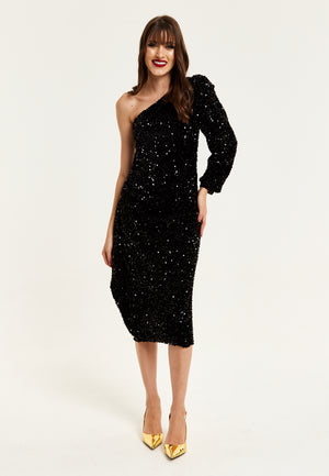 Liquorish Black Sequin Velvet One Shoulder Midi Dress