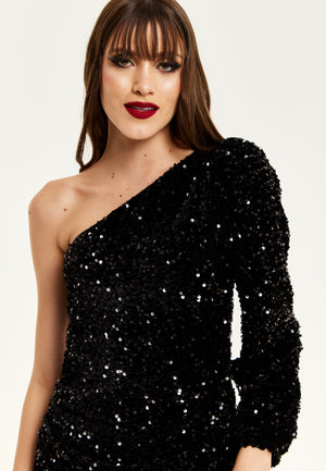 Liquorish Black Sequin Velvet One Shoulder Midi Dress