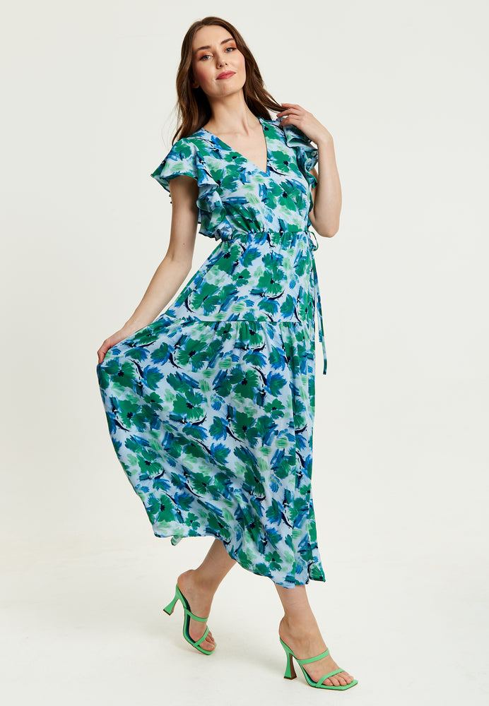 Liquorish Floral Maxi Wrap Dress In Green And Blue