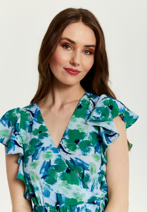 Liquorish Floral Maxi Wrap Dress In Green And Blue