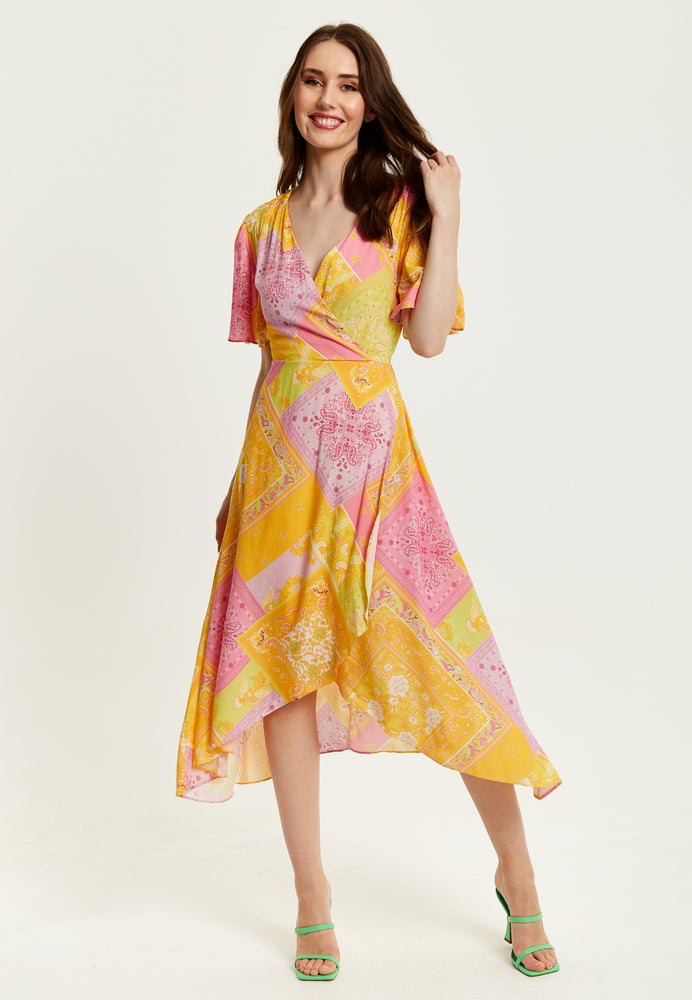Liquorish Paisley Print Midi Wrap Dress In Yellow And Pink