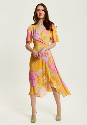Liquorish Paisley Print Midi Wrap Dress In Yellow And Pink