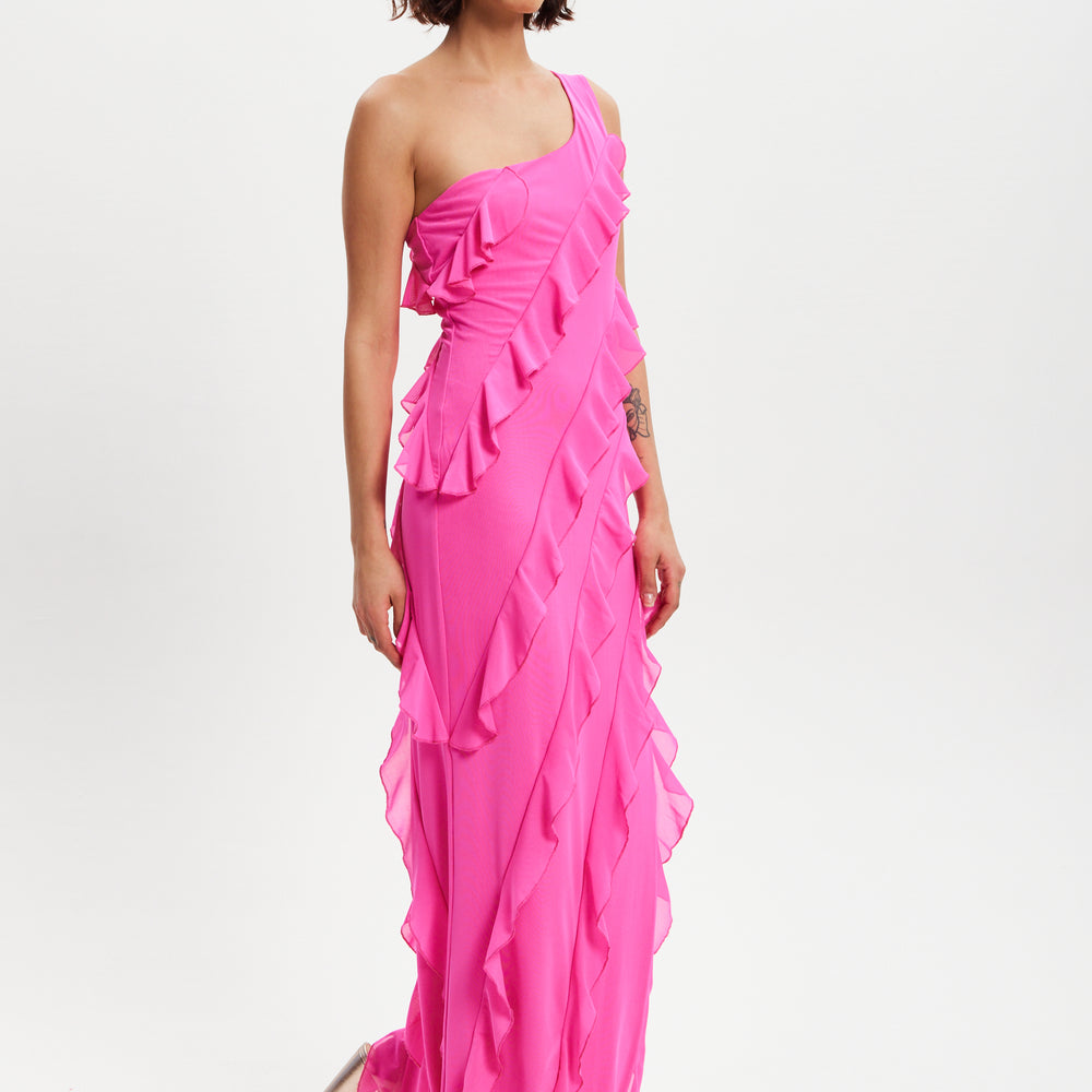 
                  
                    Liquorish Diagonal Ruffle One Shoulder Mesh Maxi Dress in Pink
                  
                