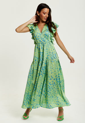 Liquorish Animal Print Maxi Wrap Dress In Sage
