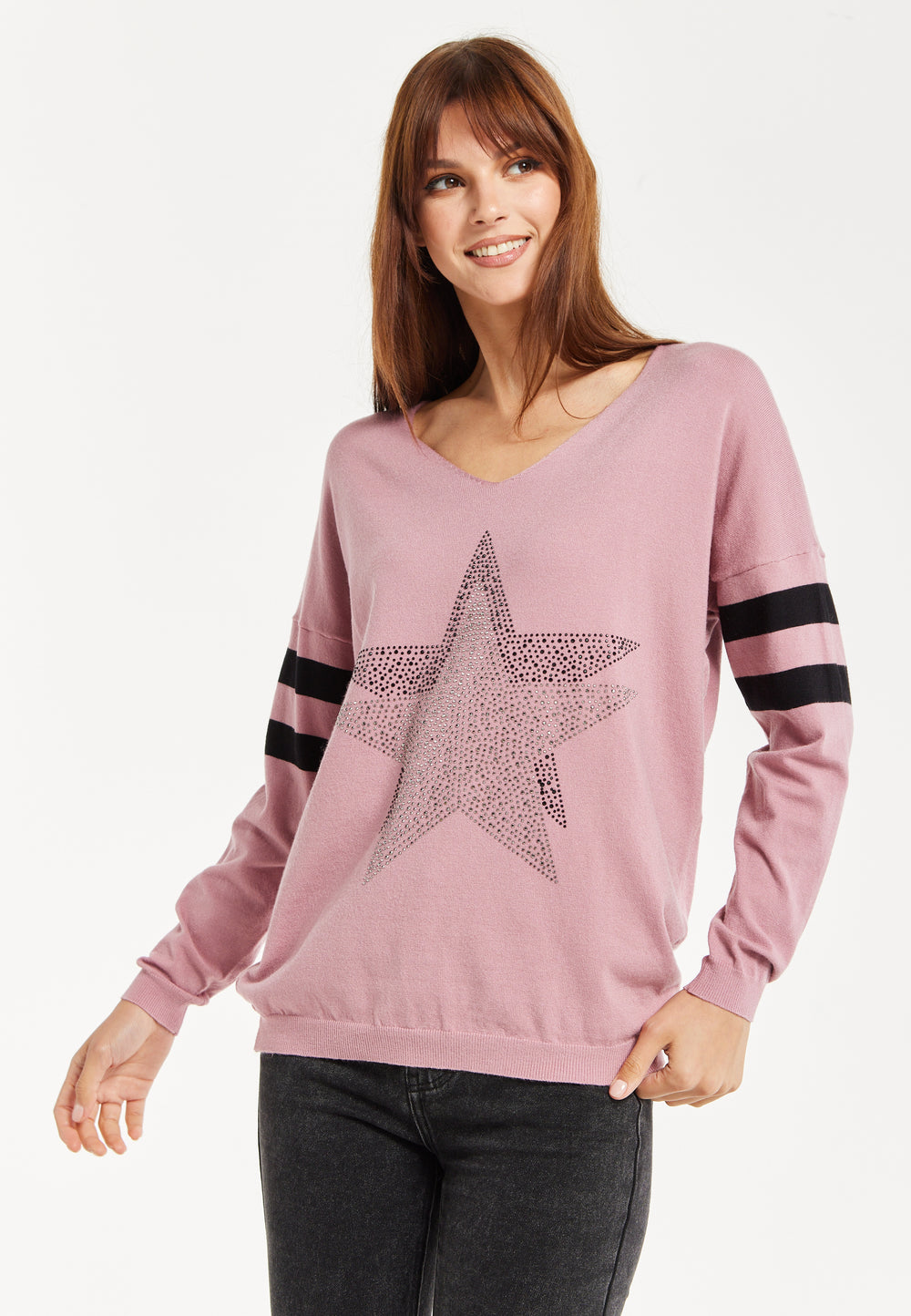 Women's Jumper - Sparkly Star Pink Long Sleeve with V-neck, Ribbed Cuffs & Hem, Black Stripes, Regular Fit