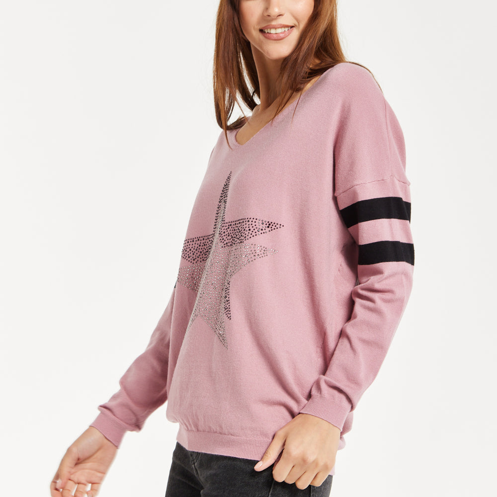 
                  
                    Women's Jumper - Sparkly Star Pink Long Sleeve with V-neck, Ribbed Cuffs & Hem, Black Stripes, Regular Fit
                  
                