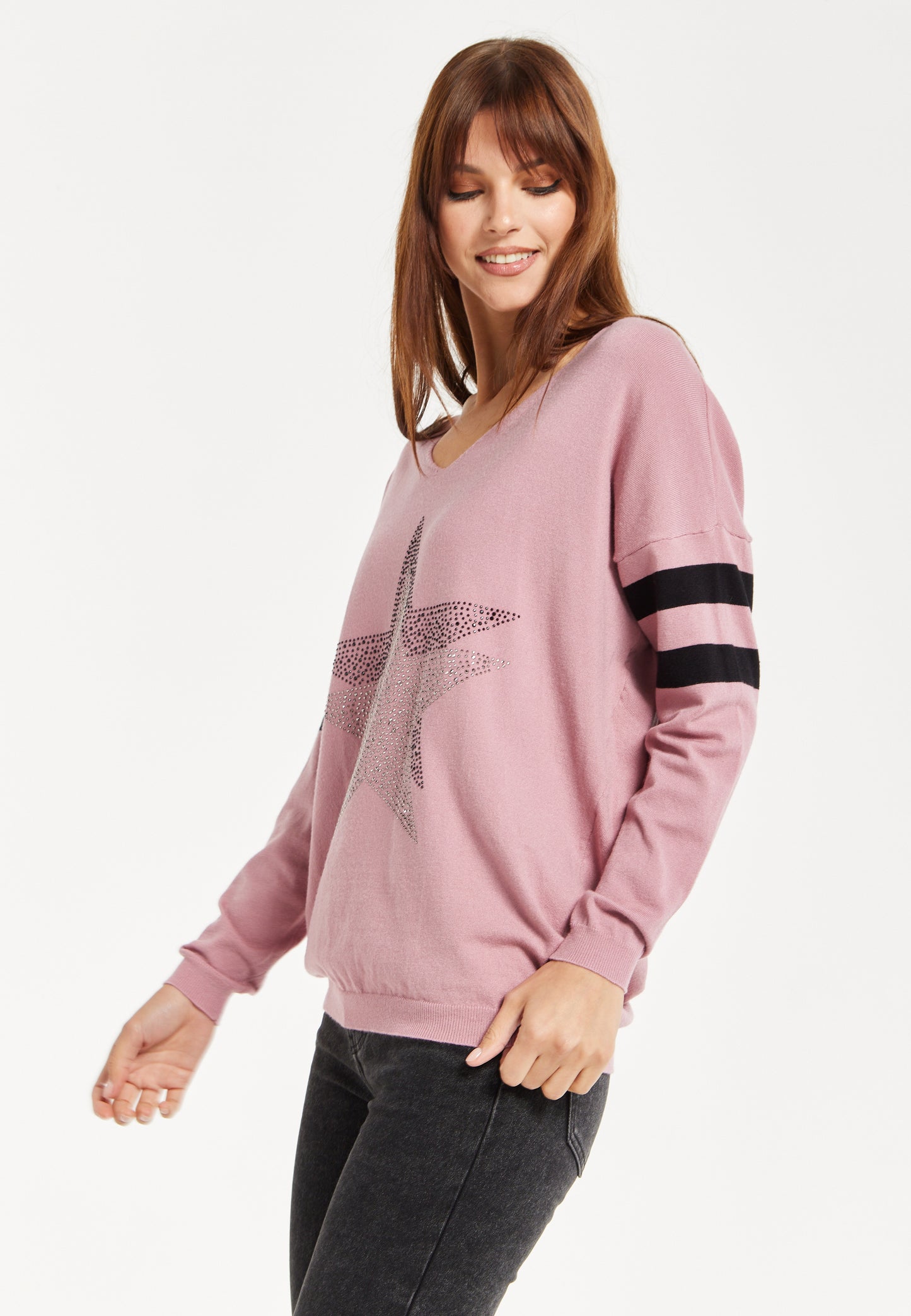 
                  
                    Women's Jumper - Sparkly Star Pink Long Sleeve with V-neck, Ribbed Cuffs & Hem, Black Stripes, Regular Fit
                  
                