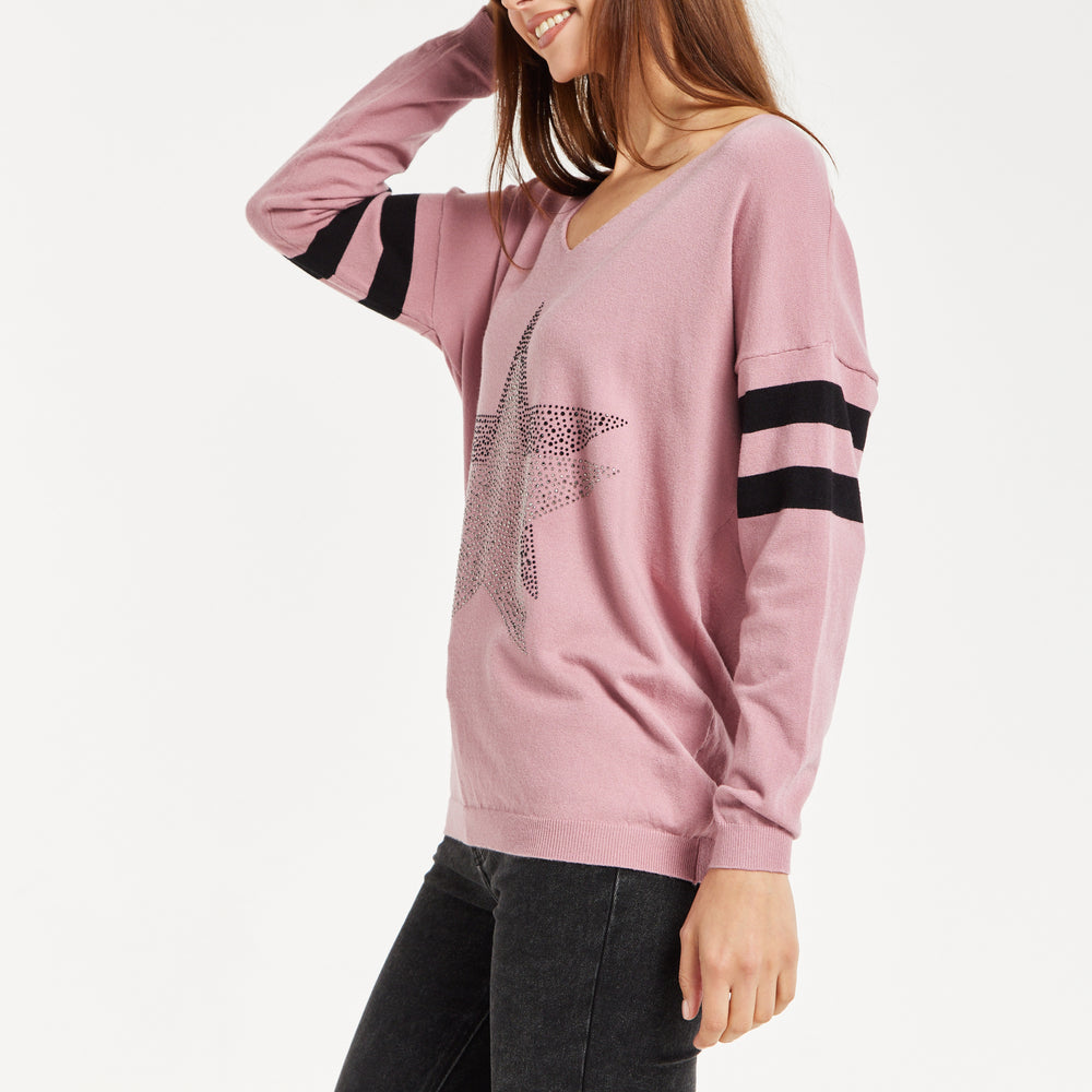 
                  
                    Women's Jumper - Sparkly Star Pink Long Sleeve with V-neck, Ribbed Cuffs & Hem, Black Stripes, Regular Fit
                  
                