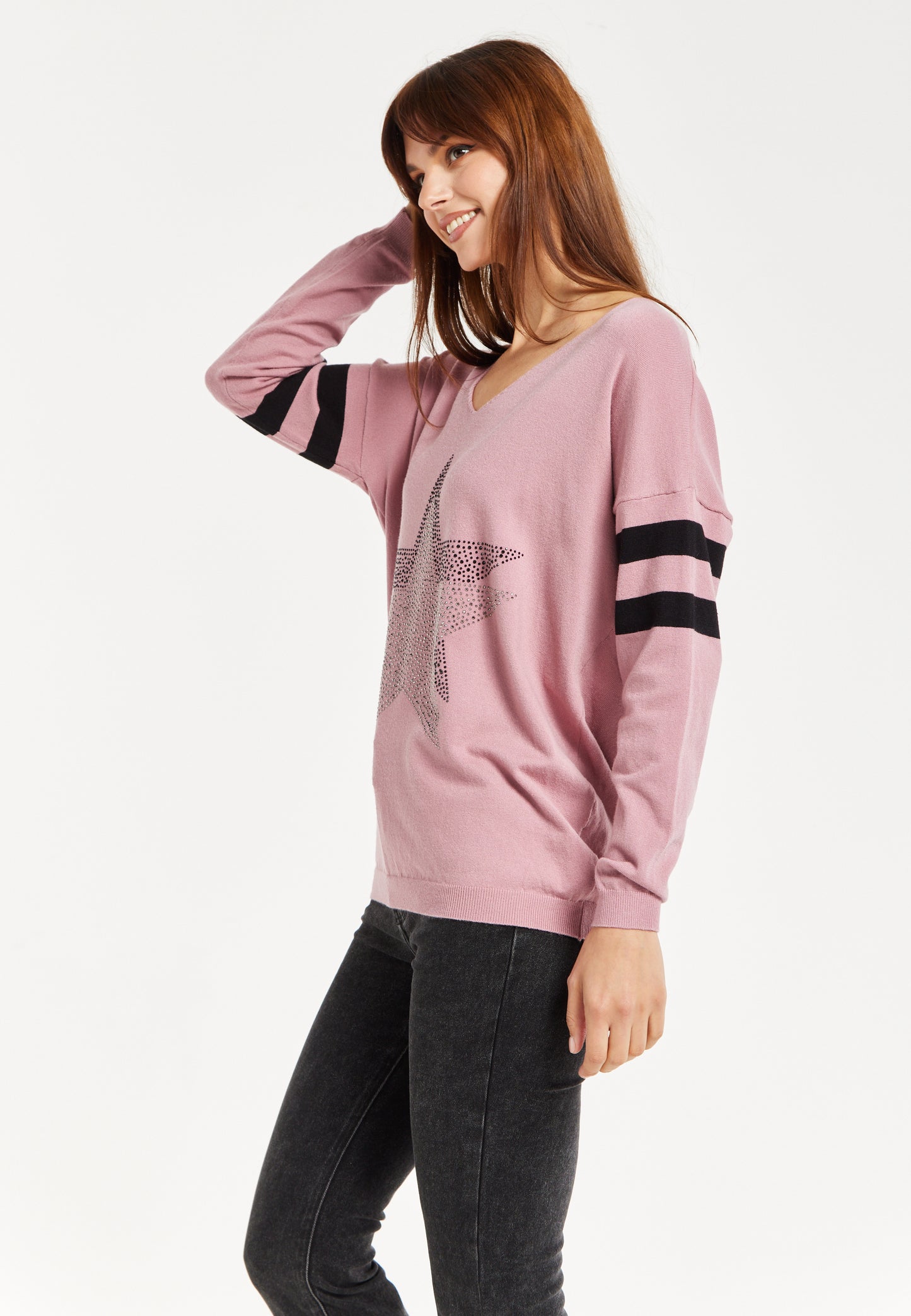 
                  
                    Women's Jumper - Sparkly Star Pink Long Sleeve with V-neck, Ribbed Cuffs & Hem, Black Stripes, Regular Fit
                  
                