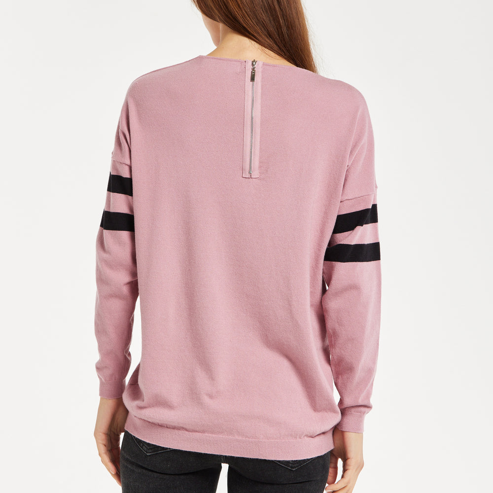 
                  
                    Women's Jumper - Sparkly Star Pink Long Sleeve with V-neck, Ribbed Cuffs & Hem, Black Stripes, Regular Fit
                  
                