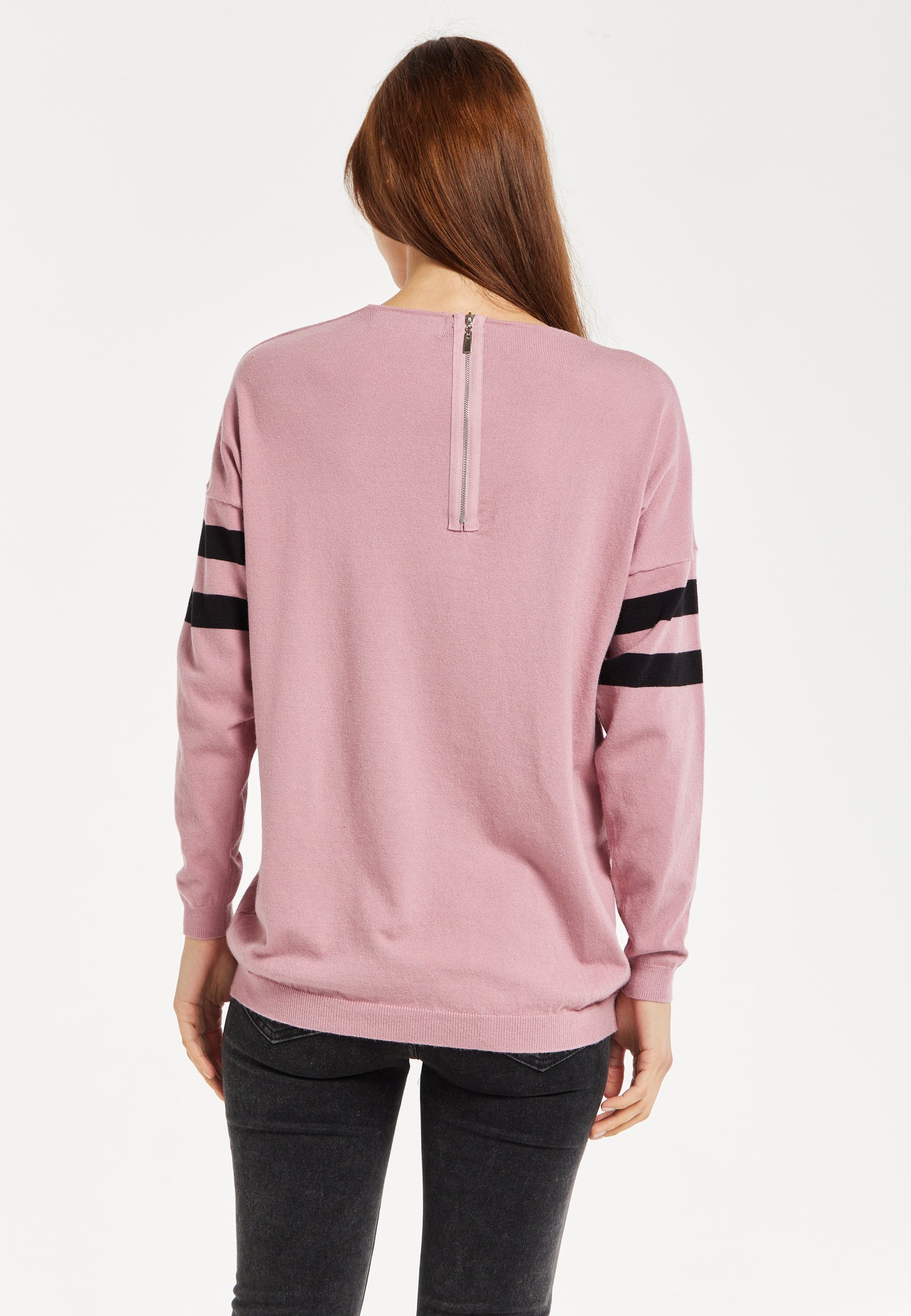 
                  
                    Women's Jumper - Sparkly Star Pink Long Sleeve with V-neck, Ribbed Cuffs & Hem, Black Stripes, Regular Fit
                  
                