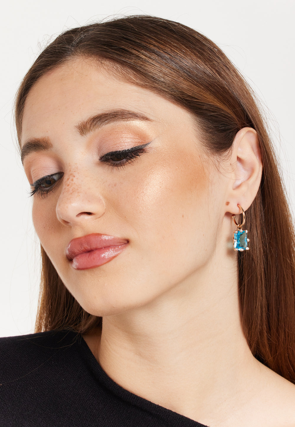 Sky-Blue Baguette Huggie Drop Earrings in Gold