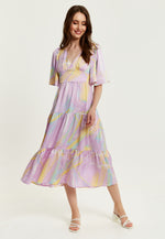 Liquorish Abstract Zebra Print Midi Dress in Lilac with Kimono Sleeves