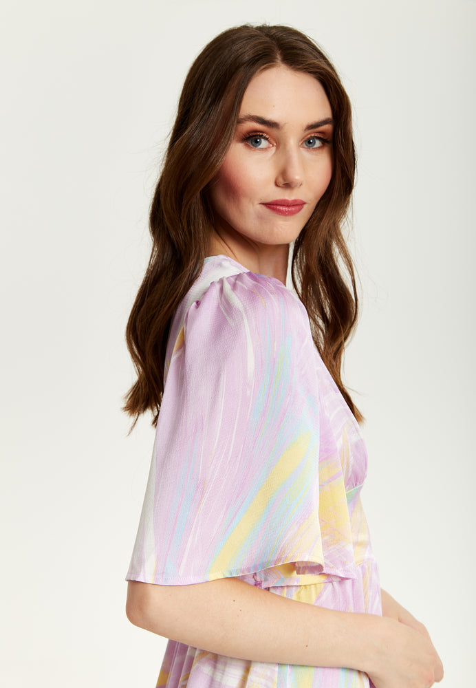 Liquorish Abstract Zebra Print Midi Dress in Lilac with Kimono Sleeves