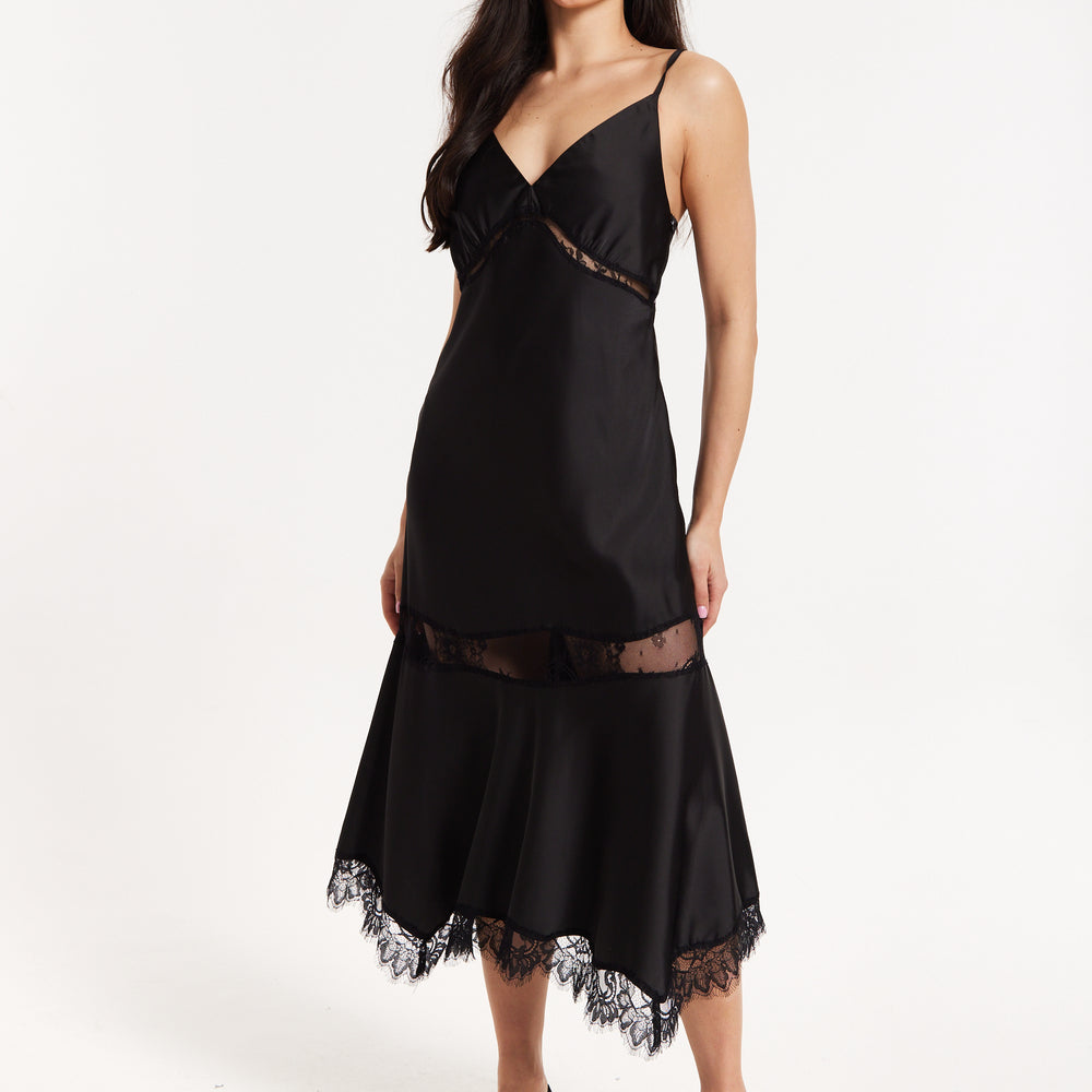 
                  
                    Black Satin Lace Midi Slip Dress
                  
                