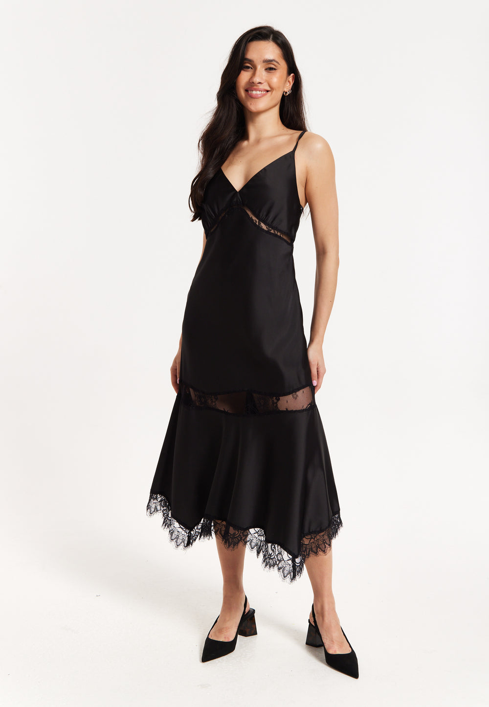 Black Satin Lace Midi Slip Dress