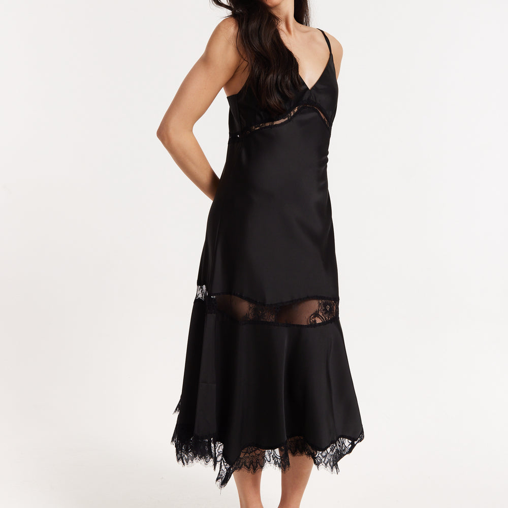 
                  
                    Black Satin Lace Midi Slip Dress
                  
                