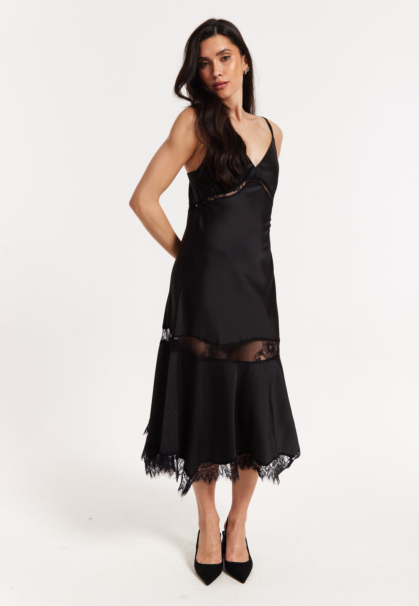 
                  
                    Black Satin Lace Midi Slip Dress
                  
                