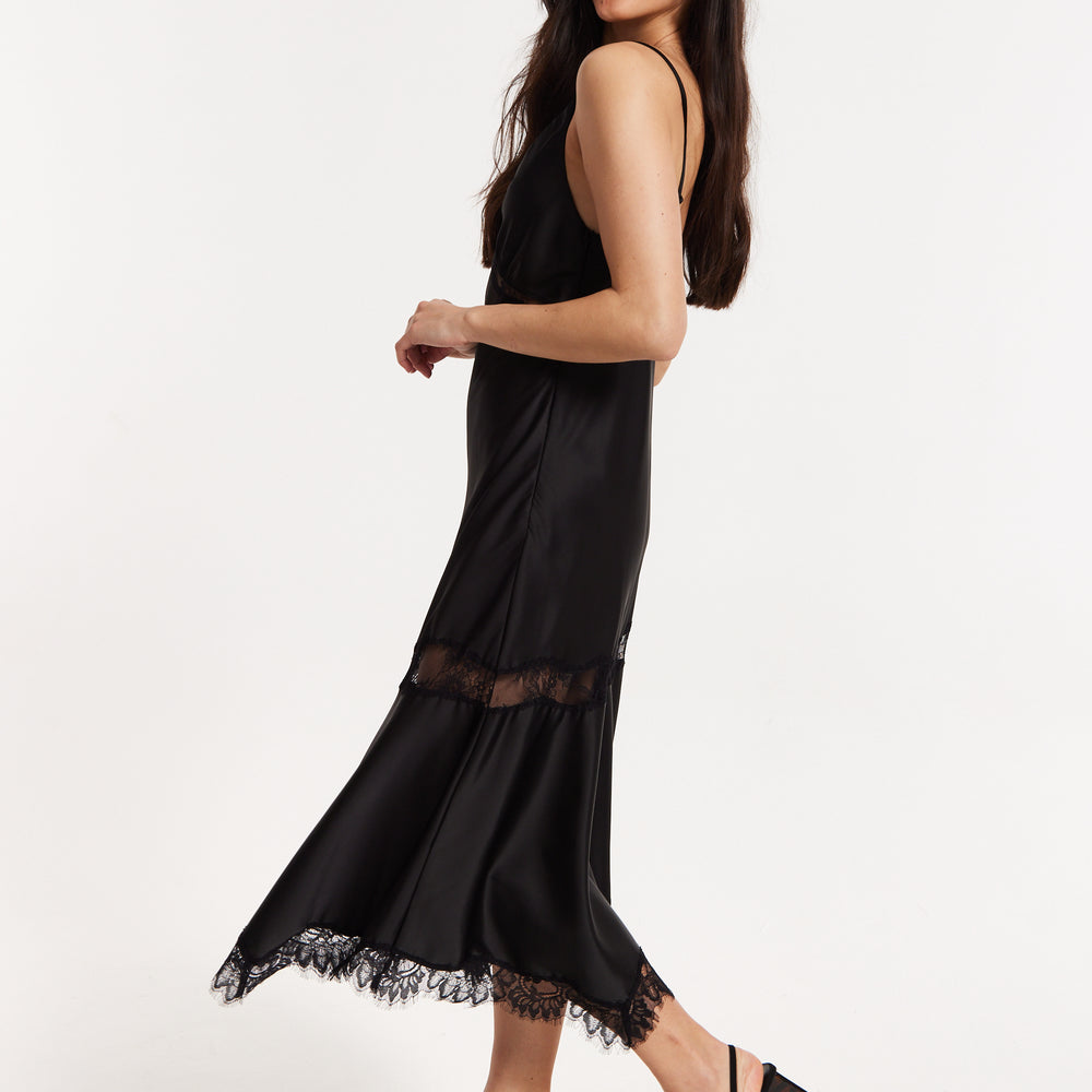 
                  
                    Black Satin Lace Midi Slip Dress
                  
                