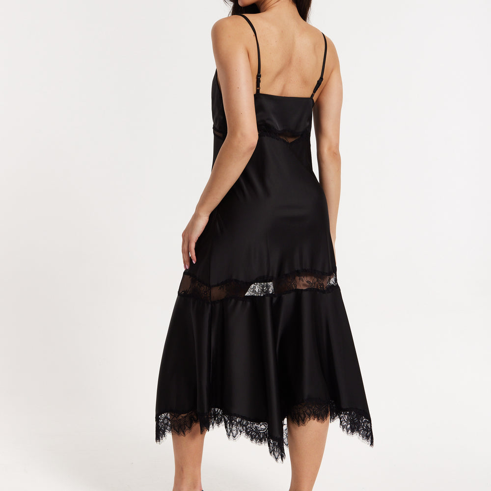 
                  
                    Black Satin Lace Midi Slip Dress
                  
                