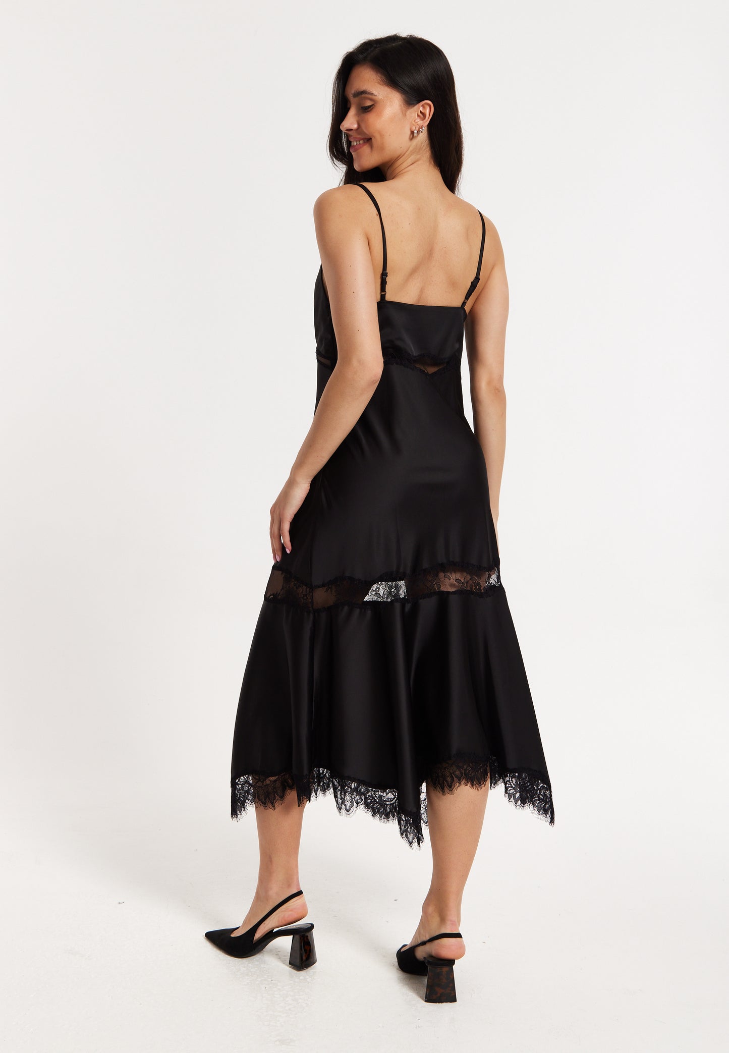 
                  
                    Black Satin Lace Midi Slip Dress
                  
                