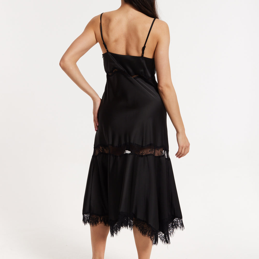 
                  
                    Black Satin Lace Midi Slip Dress
                  
                