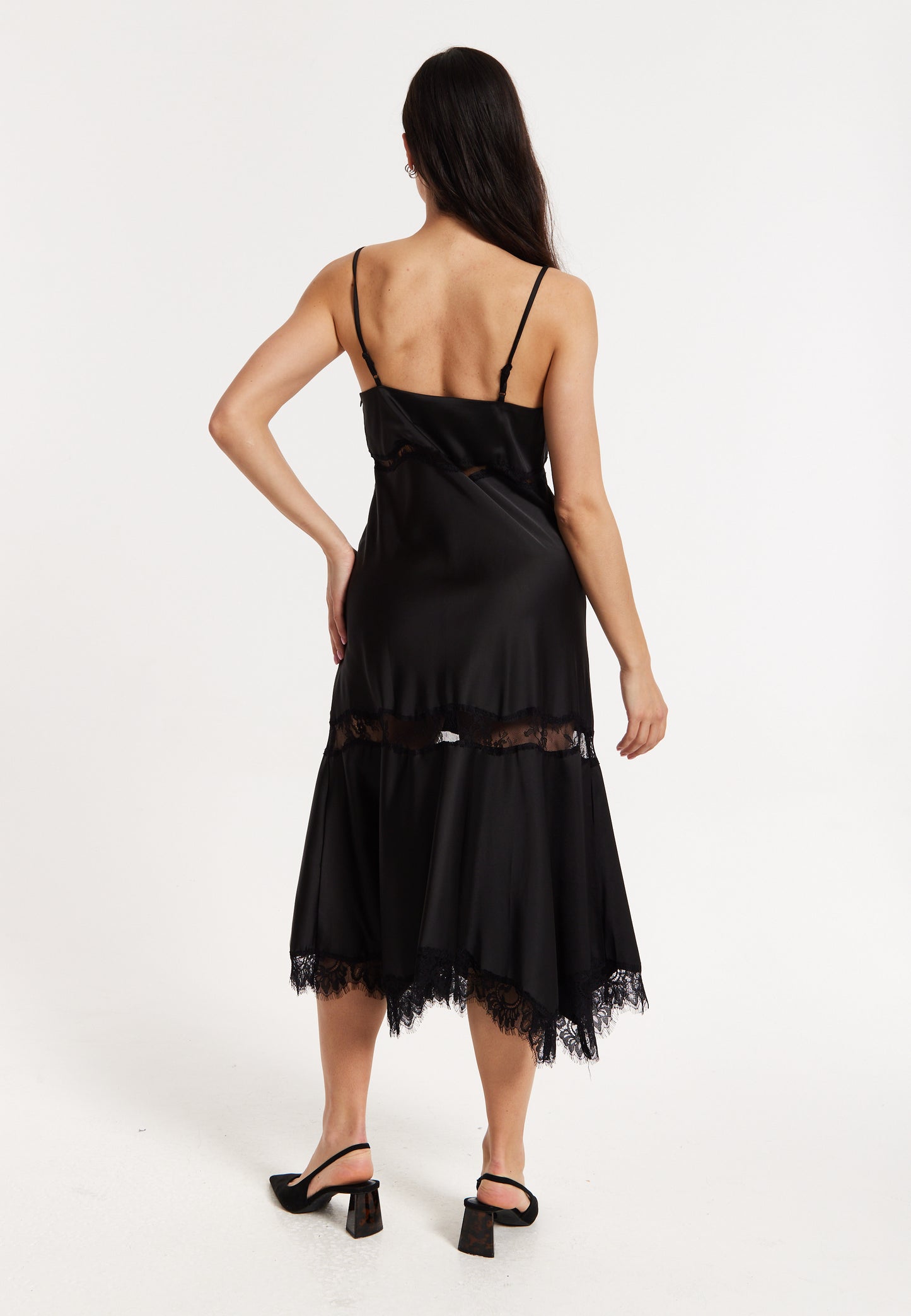 
                  
                    Black Satin Lace Midi Slip Dress
                  
                