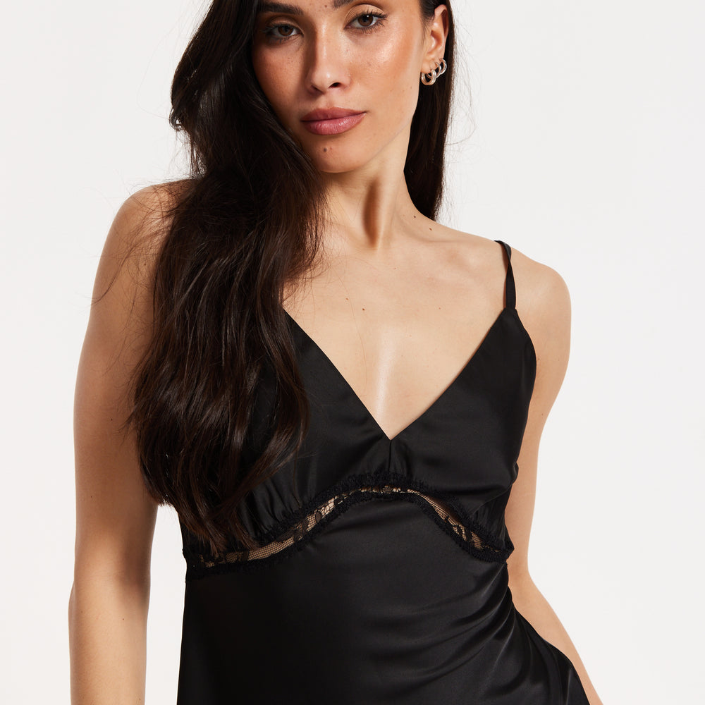 
                  
                    Black Satin Lace Midi Slip Dress
                  
                