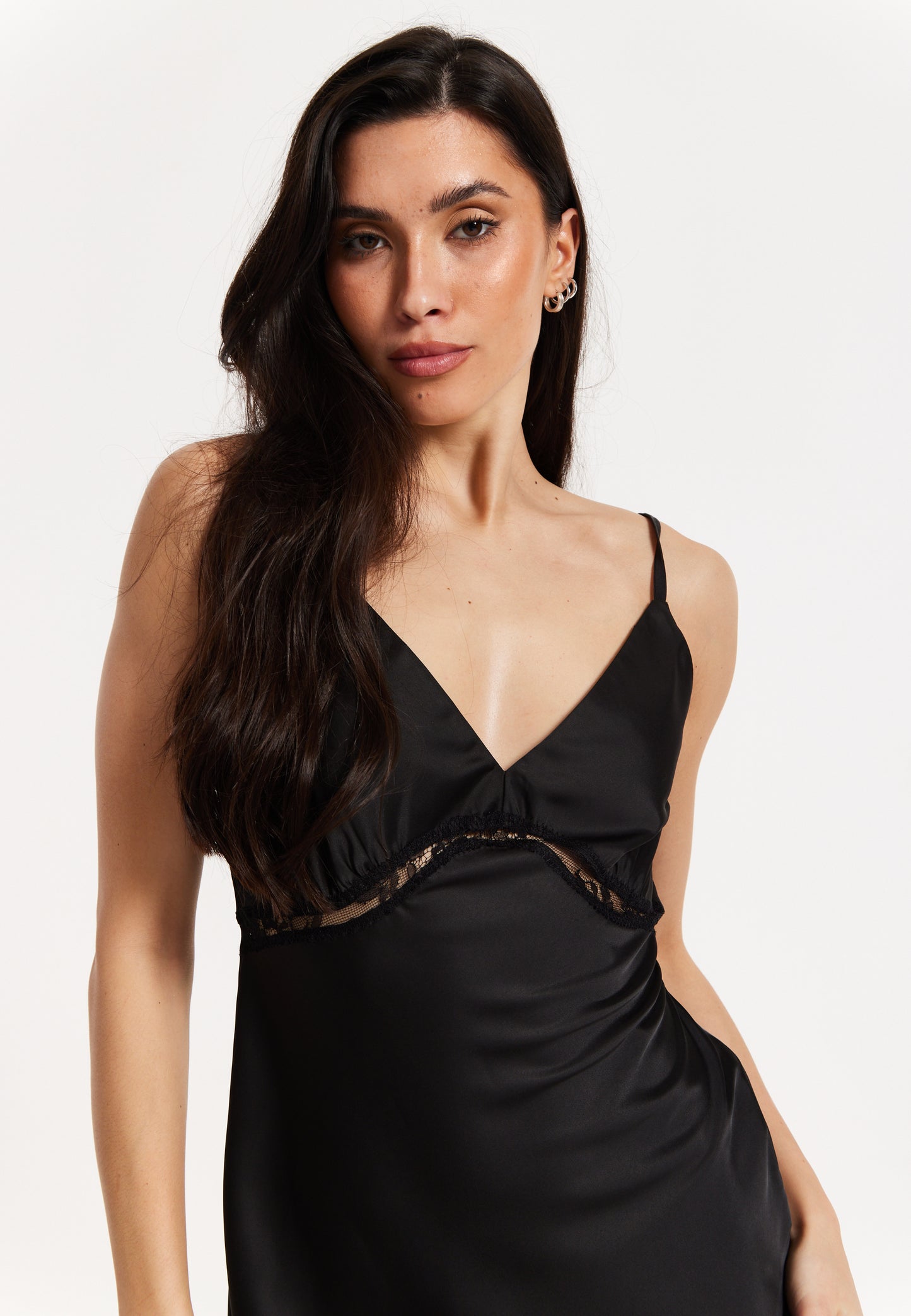 
                  
                    Black Satin Lace Midi Slip Dress
                  
                