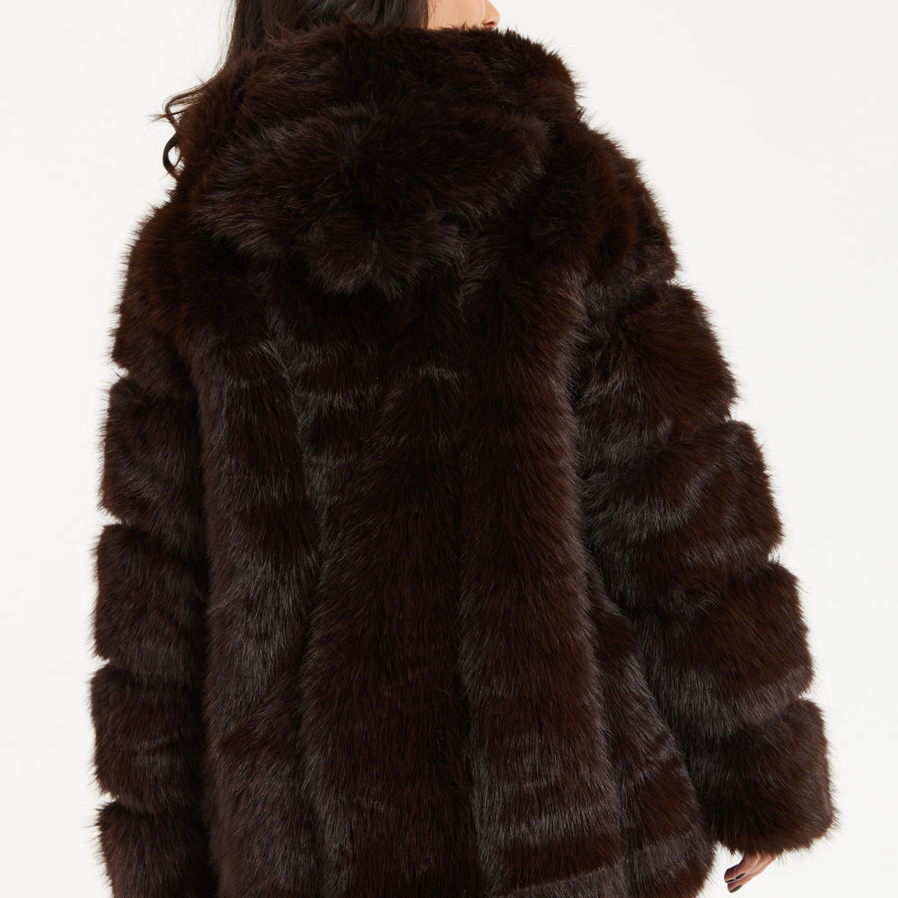 
                  
                    Women's Jacket in Luxe Chocolate Brown with Hood, Long Sleeve, Solid Pattern, Faux Fur by Liquorish
                  
                