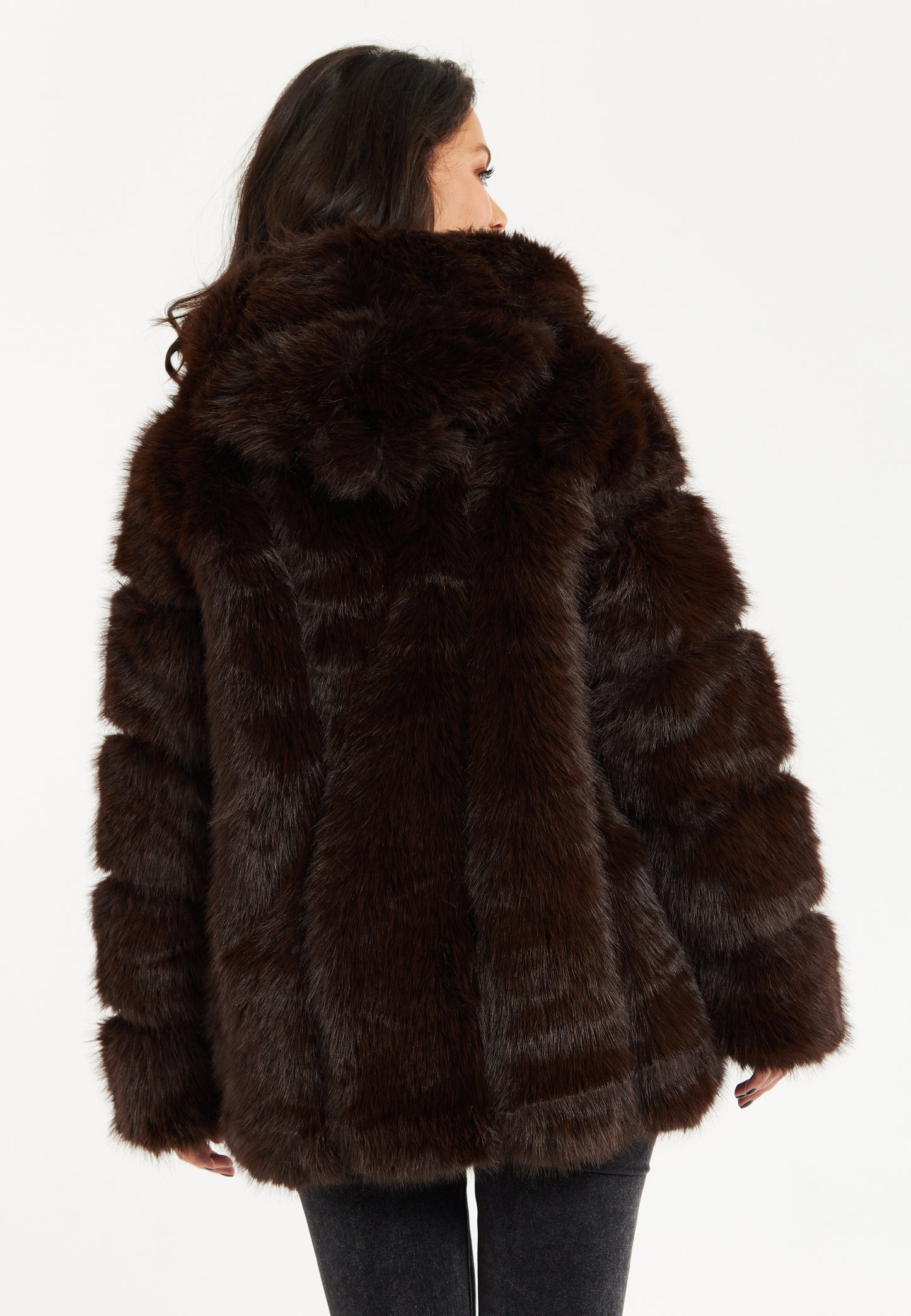 
                  
                    Women's Jacket in Luxe Chocolate Brown with Hood, Long Sleeve, Solid Pattern, Faux Fur by Liquorish
                  
                