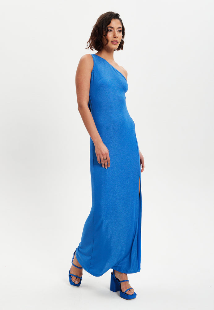 Liquorish Blue Lurex One Shoulder Jersey Maxi Dress With Long Slit