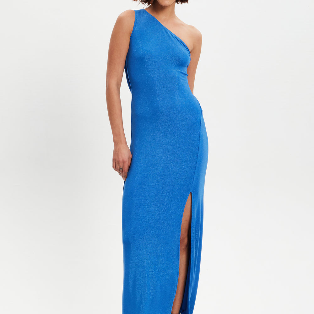
                  
                    Liquorish Blue Lurex One Shoulder Jersey Maxi Dress With Long Slit
                  
                