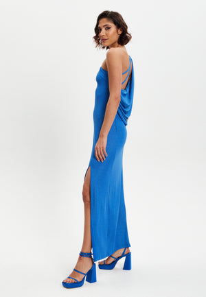 Liquorish Blue Lurex One Shoulder Jersey Maxi Dress With Long Slit