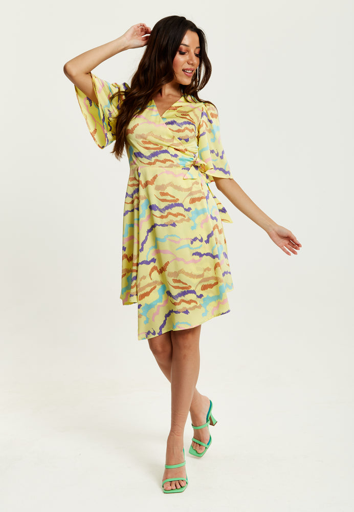 Liquorish Mini Abstract Print Wrap Dress In Yellow