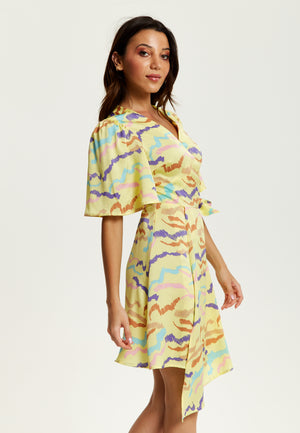 Liquorish Mini Abstract Print Wrap Dress In Yellow