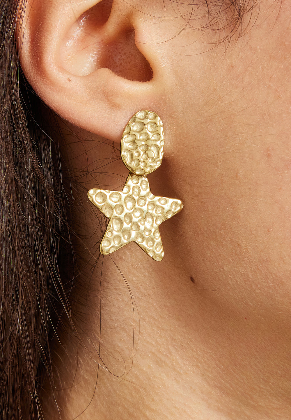 Gold Hammered Star Drop Earrings