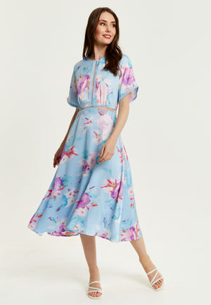Liquorish Midi Floral Print Dress With Mesh Detail In Blue