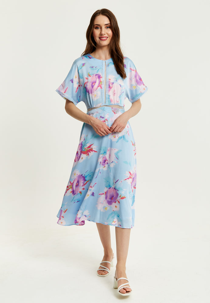 Liquorish Midi Floral Print Dress With Mesh Detail In Blue